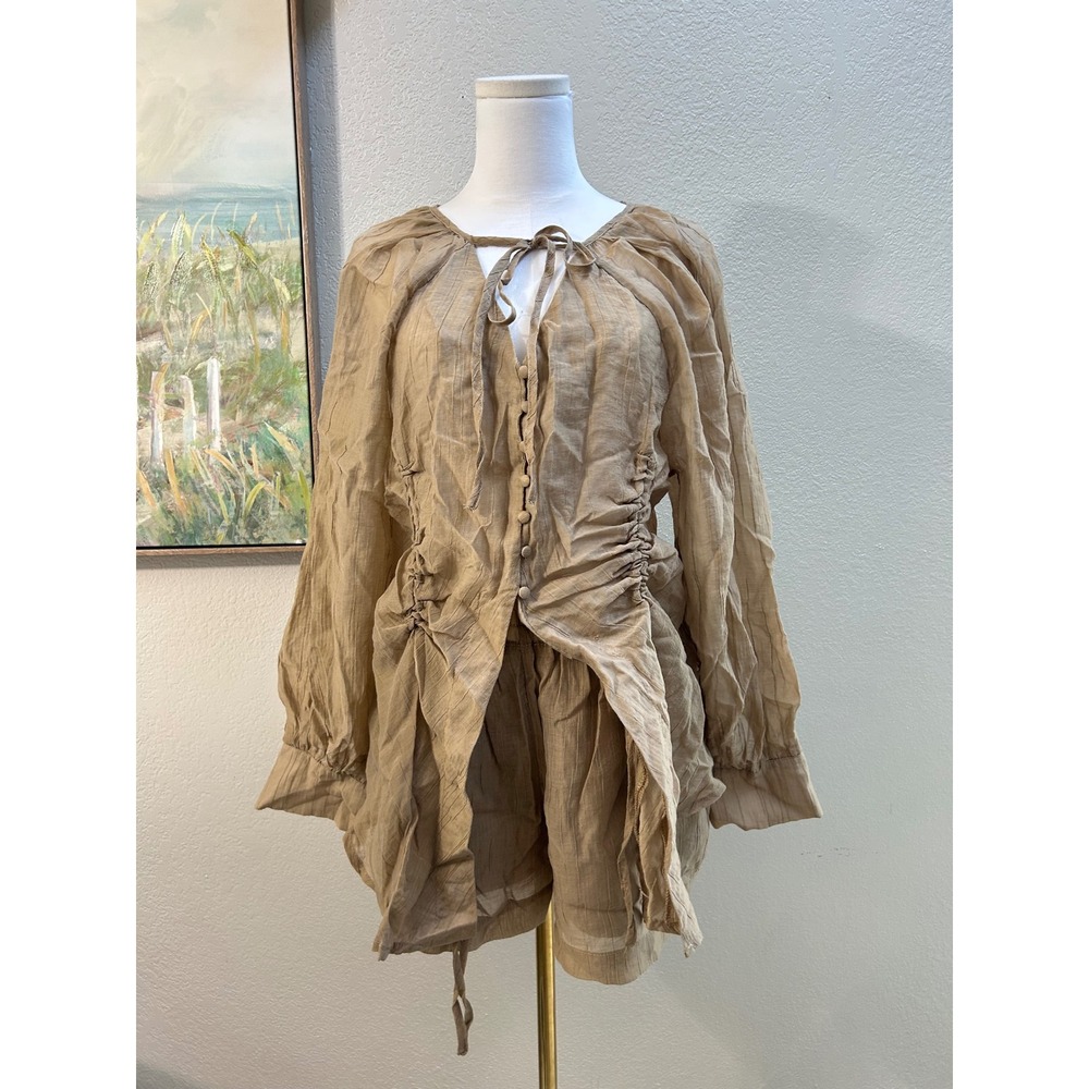 Tan Ruched Button Front Top and Shorts Two Piece Set Textured Co-ord